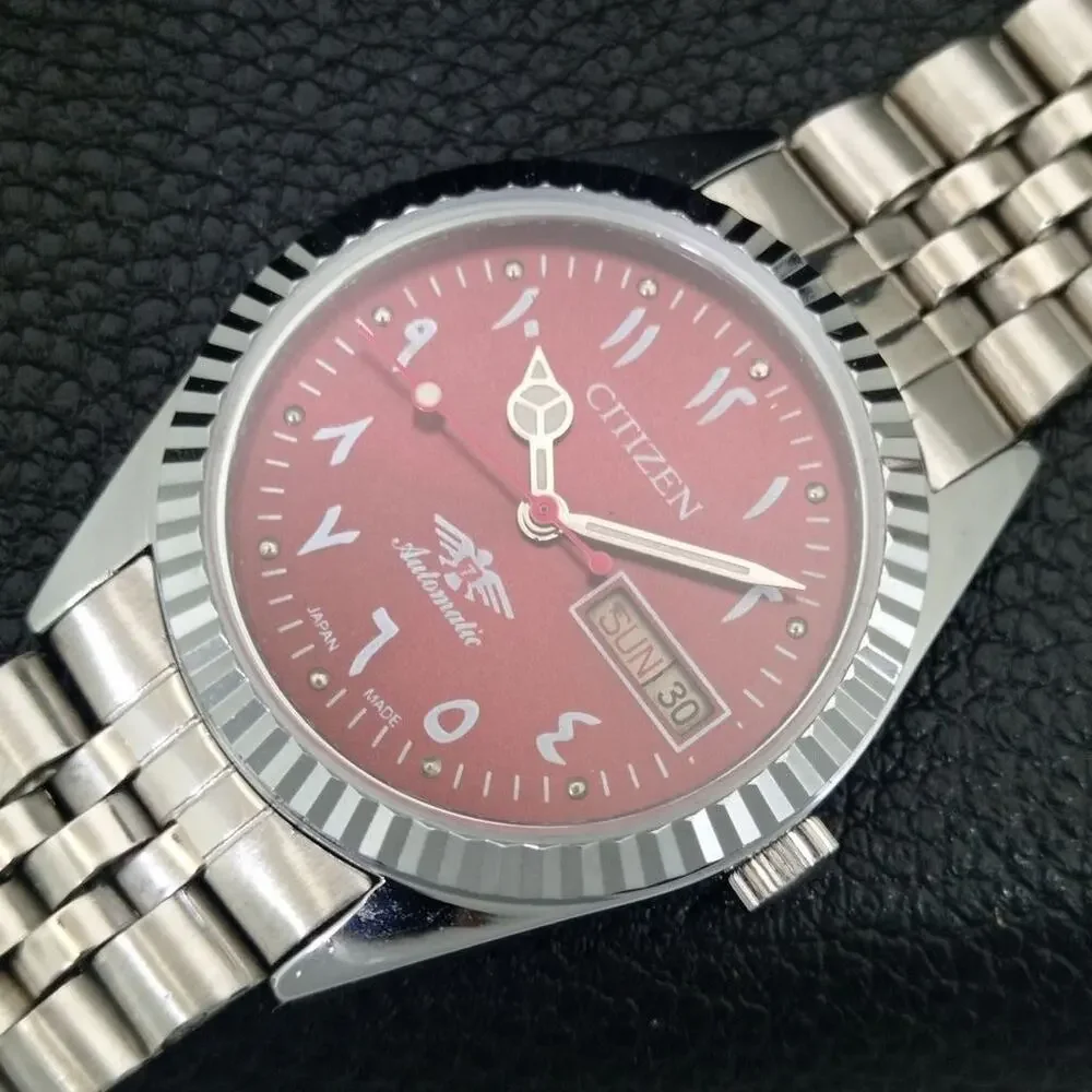 Vintage 1978 Citizen Automatic Mens Silver Watch W/daydate & Red accents